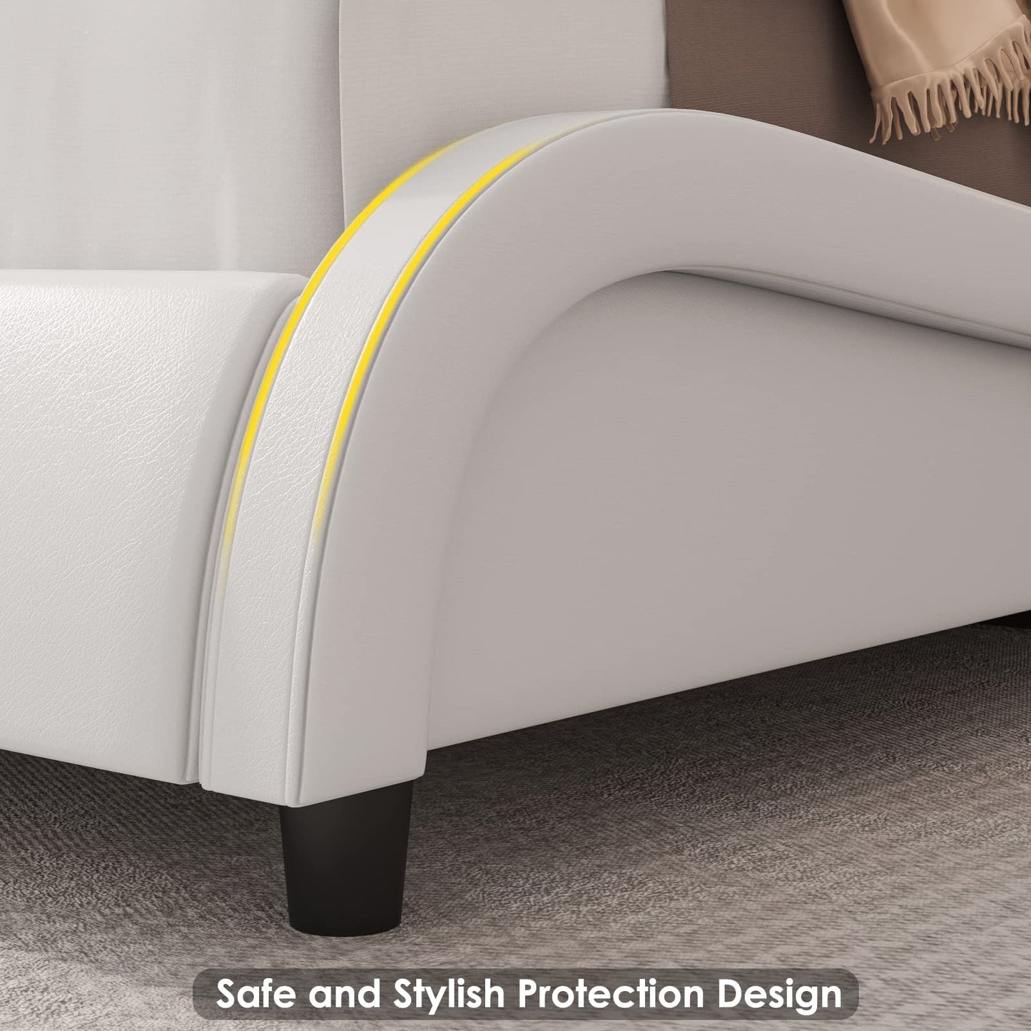 Keyluv King Size LED Bed Frame with Adjustable Headboard & Removable Pillow, PU Leather Upholstered Platform Bed, Wave-Like Curve Safety Design, Solid Wooden Slats Support, Easy Assembly, White