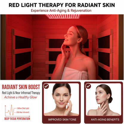 2 Person Indoor Home Infrared Sauna Room for Home Gym, Canadian Hemlock Wood, 616 * 220mm Red Light Beauty System, Fast Heating to 140°F, 110V/1800W, Bluetooth MP3, Gift for Family