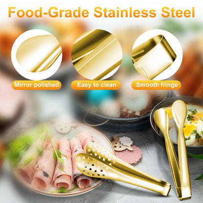 Mumufy 32 Pcs Mini Serving Tongs Buffet Serving Utensils Stainless Steel Small Tongs Catering Kitchen for Appetizer Tea Party Coffee Bar Food Ice Salad Barbecue Cookies Sugar, 4 Styles(Gold)
