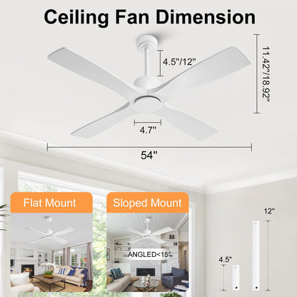 LEDLUX 54" Ceiling Fan without Lights -Modern Ceiling Fan no Light, 6-Speed Remote, 4 Solid Wood Blades, Quiet DC Motor, for Bedroom, Living Room, Outdoor, White