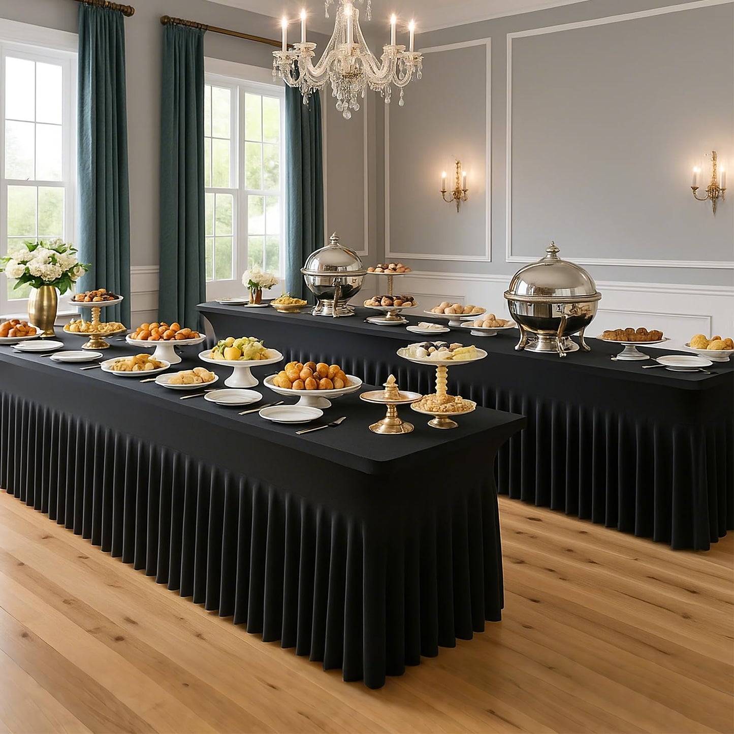 Deep Dream 4 Pack Black Spandex Fitted Tableclothes for 8 Foot Rectangle Tables, Wrinkle Free 8FT Fitted Table Cover, Stretch Tablecloth Table Skirt for Party, Banquet, Wedding and Events