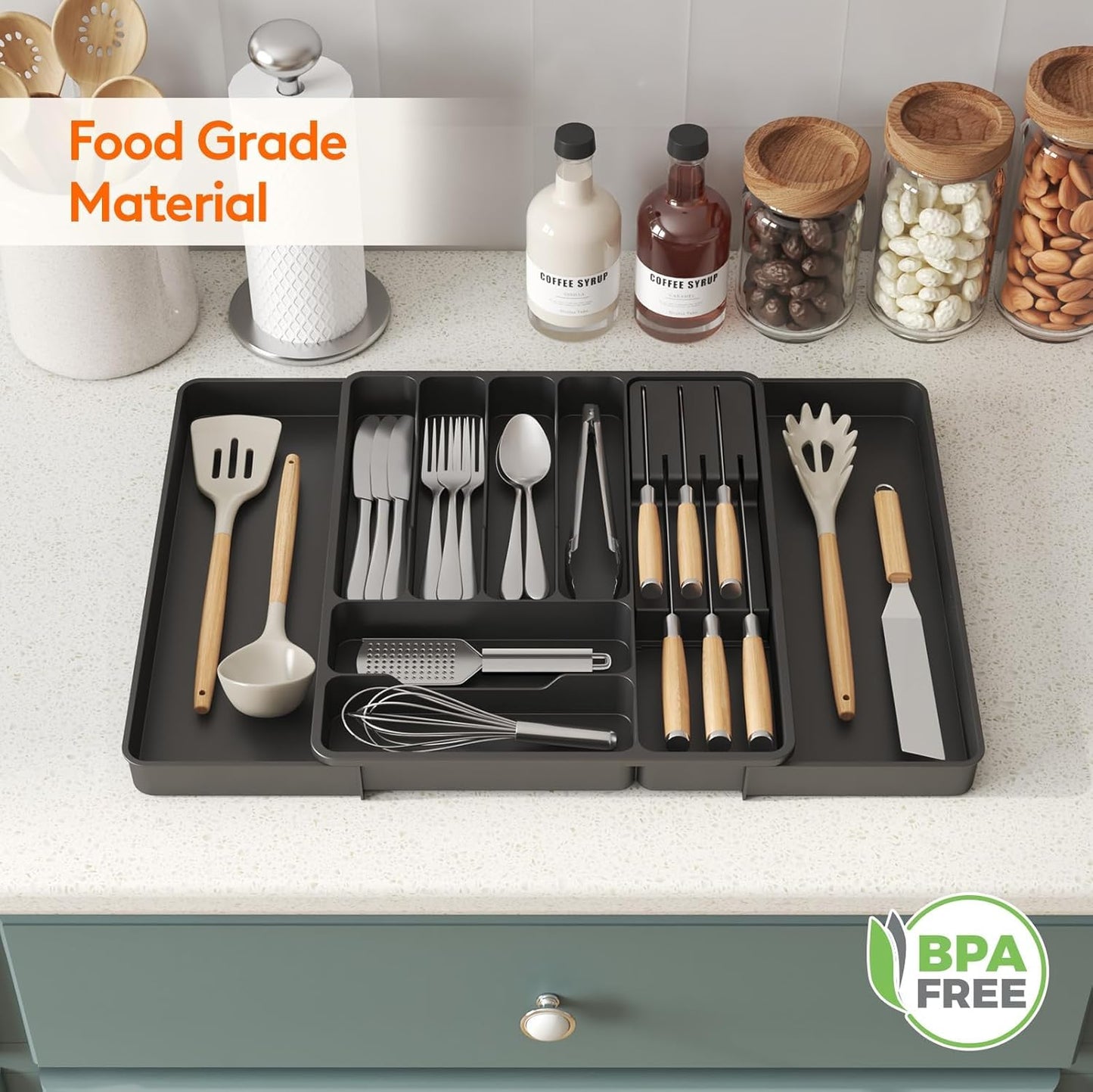 Lifewit Silverware Organizer for Kitchen Drawers, Expandable Utensil Tray with Removable Knife Block