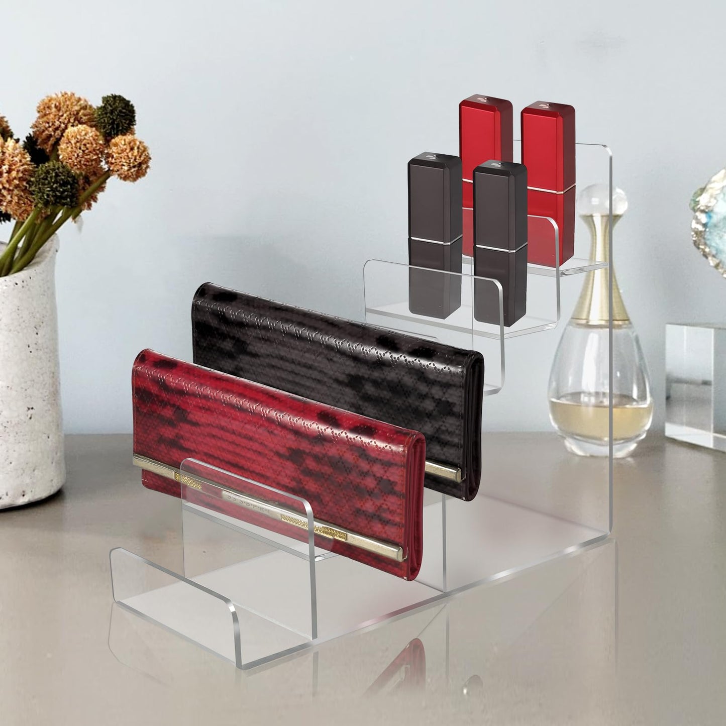 WEIHAOSKY Acrylic Wallet Display Stand Purse Handbag Organizer, Clear Jewelry Riser Display Stand Purse Display Rack, Acrylic Display Shelf for Cosmetic Perfume Jewelry Sunglasses Handbag (6 Tier)