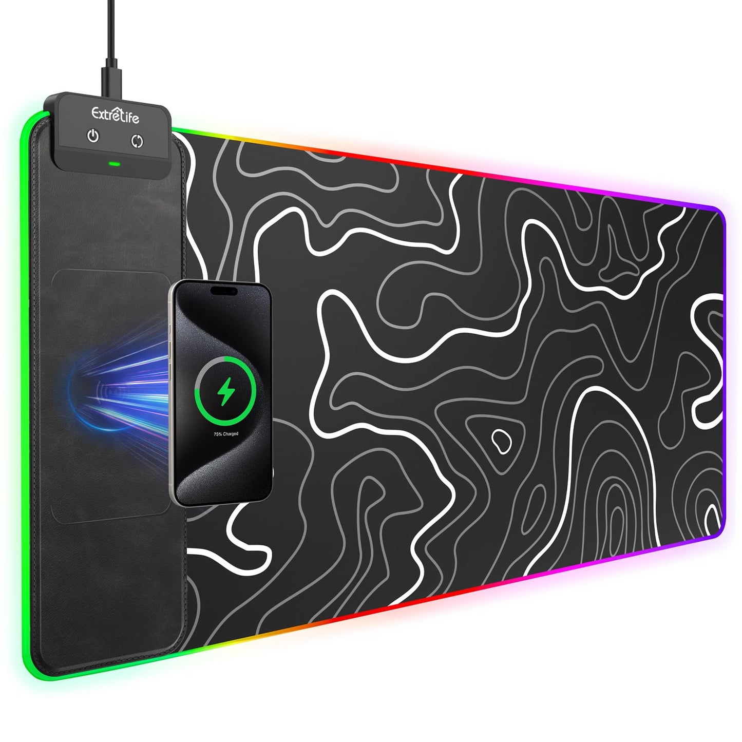 Wireless Charging Mouse Pad, RGB Gaming Mousepad, 31.5"x15.7" Extra Large Desk Pad, 13 Light Modes, Ultra-Smooth Surface, Non-Slip Base, Waterproof Computer Keyboard Mat for MacBook, PC, Laptop, Black
