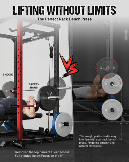Goimu C1-V4 Power Cage, 2000LBS Squat Rack with LAT Pulldown, Multi-Function Weight Cage Strength Training Machine, Workout Cage with More Attachments for Home Gym Garage (C1-SE RD)