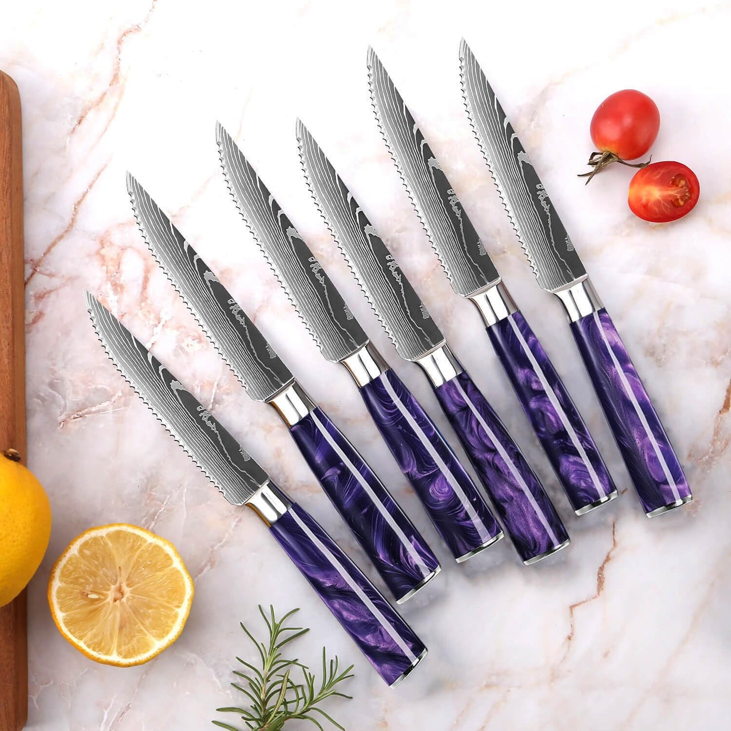SENKEN 16-Piece Kitchen Knife Block Set - Japanese Chef's Knife Set with Laser Damascus Pattern, Includes 6 Steak Knives and Smoothly-Finished Acacia Hardwood Knife Block (Purple Resin Handles)