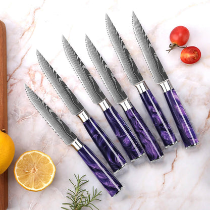 SENKEN 16-Piece Kitchen Knife Block Set - Japanese Chef's Knife Set with Laser Damascus Pattern, Includes 6 Steak Knives and Smoothly-Finished Acacia Hardwood Knife Block (Purple Resin Handles)