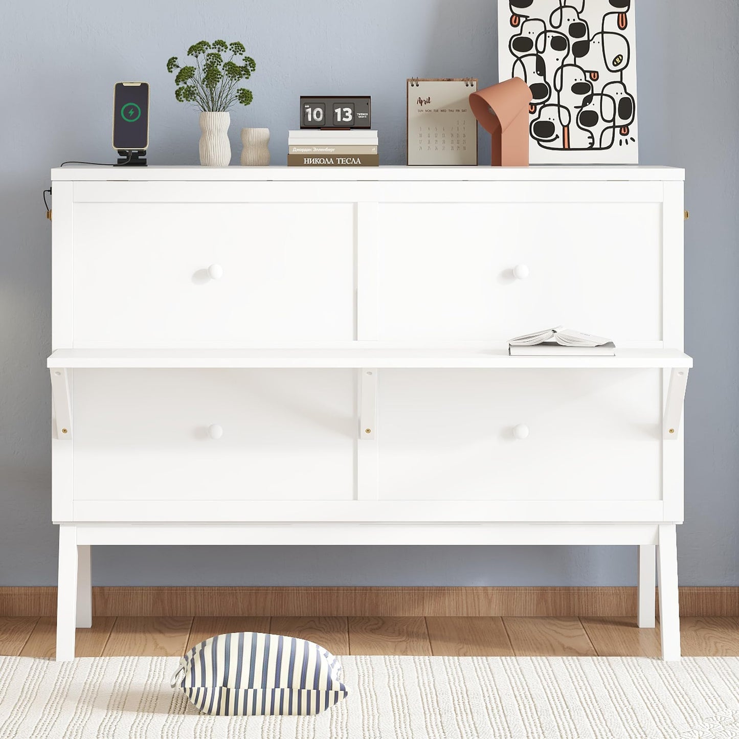 KEIKI Full Size Murphy Bed with USB Port and Removable Shelves on Each Side, Solid Pine Murphy Cabinet Bed for Home Office, Guest Room,White