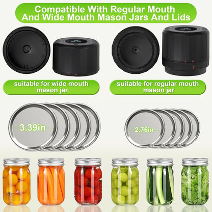 Electric Mason Jar Vacuum Sealer Kit with Wide Regular Mouth Mason Lids for Food Storage - Black