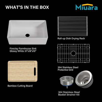 Miuara White Farmhouse Workstation Sink 31 Inch - Fireclay Apron Front Kitchen Sink Reversible 31"x18"x10", Farm House Style, Heavy Duty Deep Single Bowl, Undermount Installation, for Kitchen