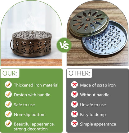 Portable Iron Mosquito Coil Holder with Handle, Round Heat-Resistant Incense Holder (Bronze)