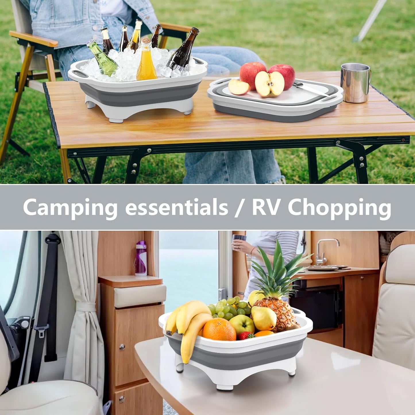 HI NINGER Collapsible Cutting Board with Knife, Multifunctional Silicone Dish Tub for Camping Kitchen Essentials