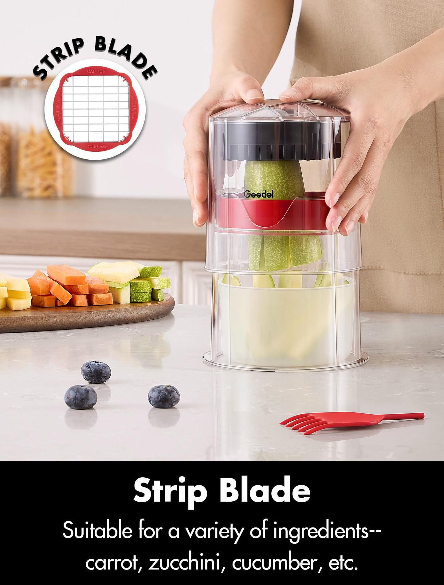 French Fry Cutter, Professional Home Style Onion Chopper, Vegetable Chopper Dicer Manual, Easy to Clean, Ultra Sharp Blades Thick-Strip Fry Cutter Apple Slicer and Corer, 3 Blades