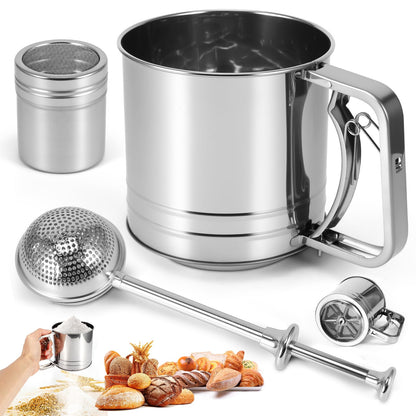 Flour Sifter for Baking, 3 in 1 Stainless Steel 3 Cup Flour Sieve Fine Mesh Sifter, Double-layer Squeeze Baking Sifter, Powdered Sugar Shaker Duster Set for Baking Cakes, Pastries, Cupcakes, Desserts