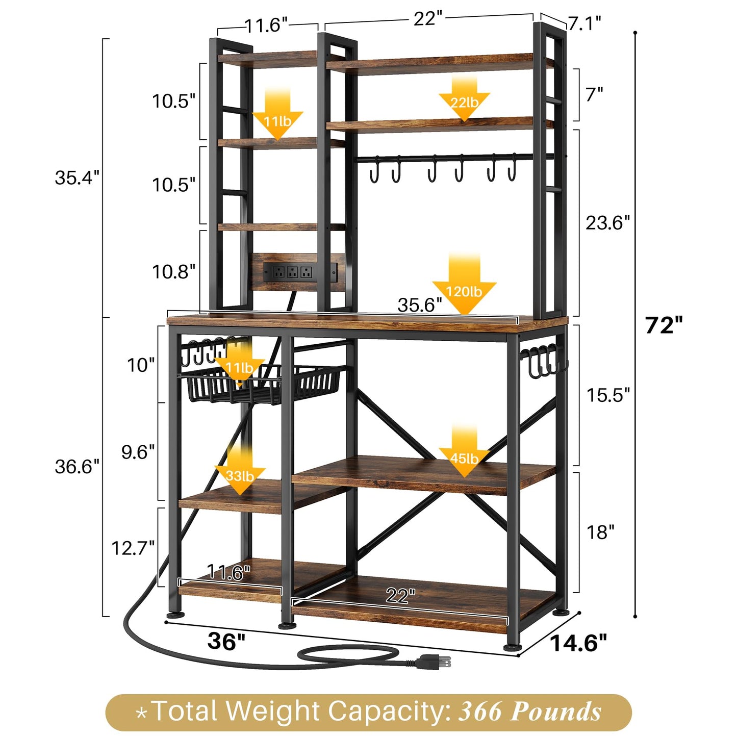 SNTD Baker Rack with Power Outlet - Microwave Stand with Storage, Large Coffee Bar Station with 14 Hooks, Metal Kitchen Shelf Rack for Spices, Pots (Rustic Brown)