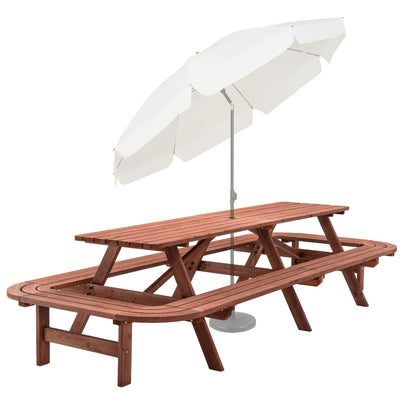 Voryvans 16 Person Wood Picnic Table with Attached Benches & Umbrella Hole,Rectangle Brown Outdoor Wooden Dining Table & Chairs for Patio Yard Garden Porch Deck