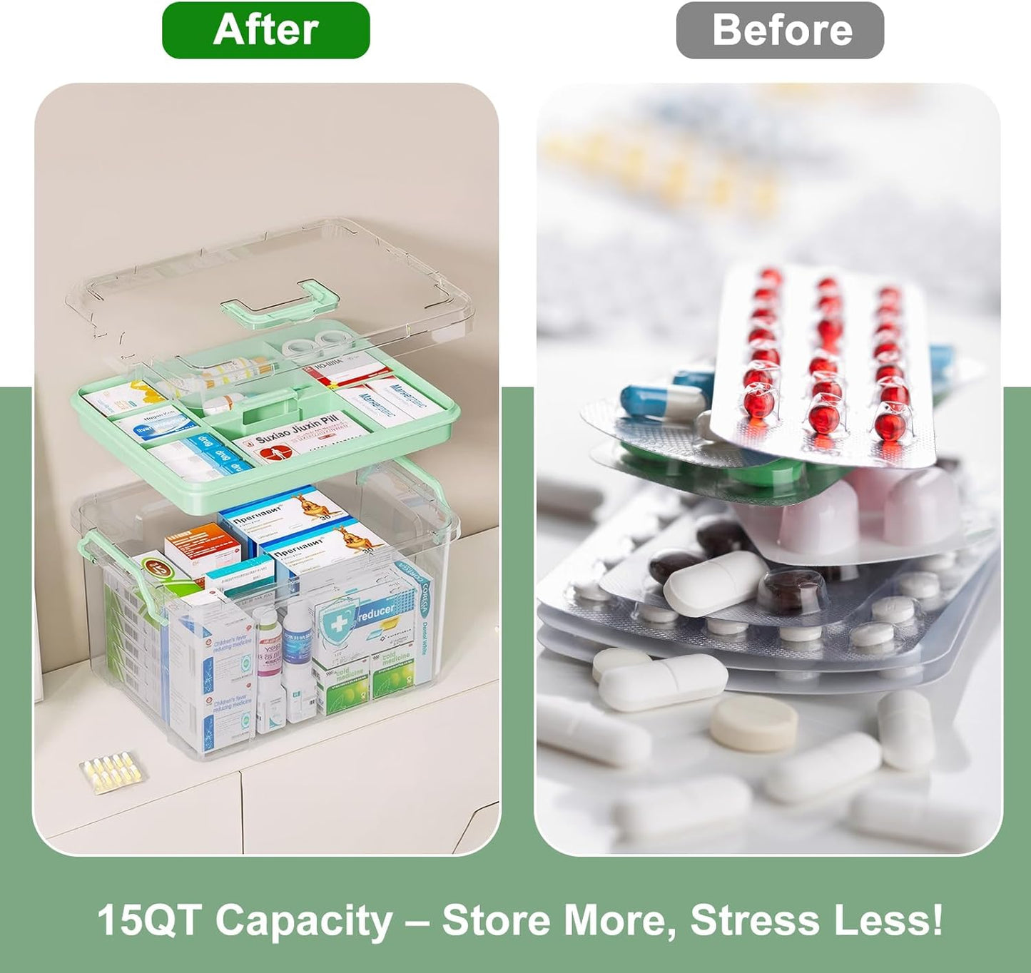 15QT ANYPROLUS Clear Medicine Organizer Box with Handle, Plastic Medicine Container with Tray First Aid Box Empty