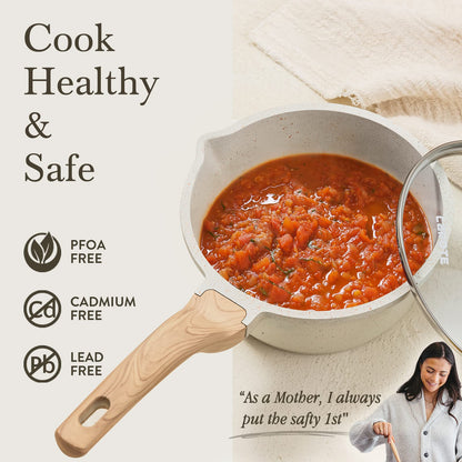CAROTE 1.5Qt & 3.0Qt Sauce Pan Sets with Lid Cooking Pots Nonstick Saucepans Cookware Set with Pour Spout Small Kitchen Pot, Induction Comptable, Easy to Clean, PFOA FREE (White Granite)