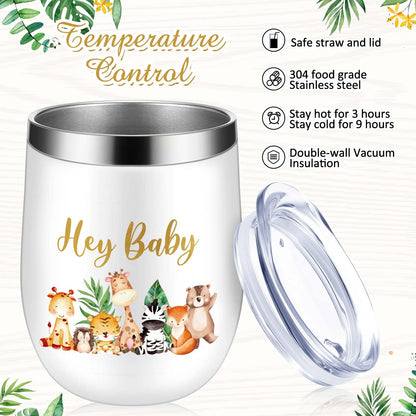 Hoolerry 6 Set Baby Shower Game Prizes for Guests Winners 12 oz Insulated Stainless Steel Tumbler Cup with Lids, Straws, Cleaning Brush, Cards & Boxes Return Gifts(Green,Safari Animals)