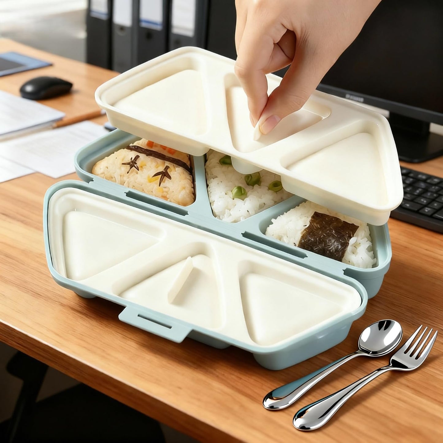 DumFurc 6 in 1 Onigiri Mold Triangle Rice Ball Mold Musubi Press Onigiri Maker Sushi Making Kit Once Quickly Make 6pcs Rice Balls for Lunch and Home DIY (Blue)