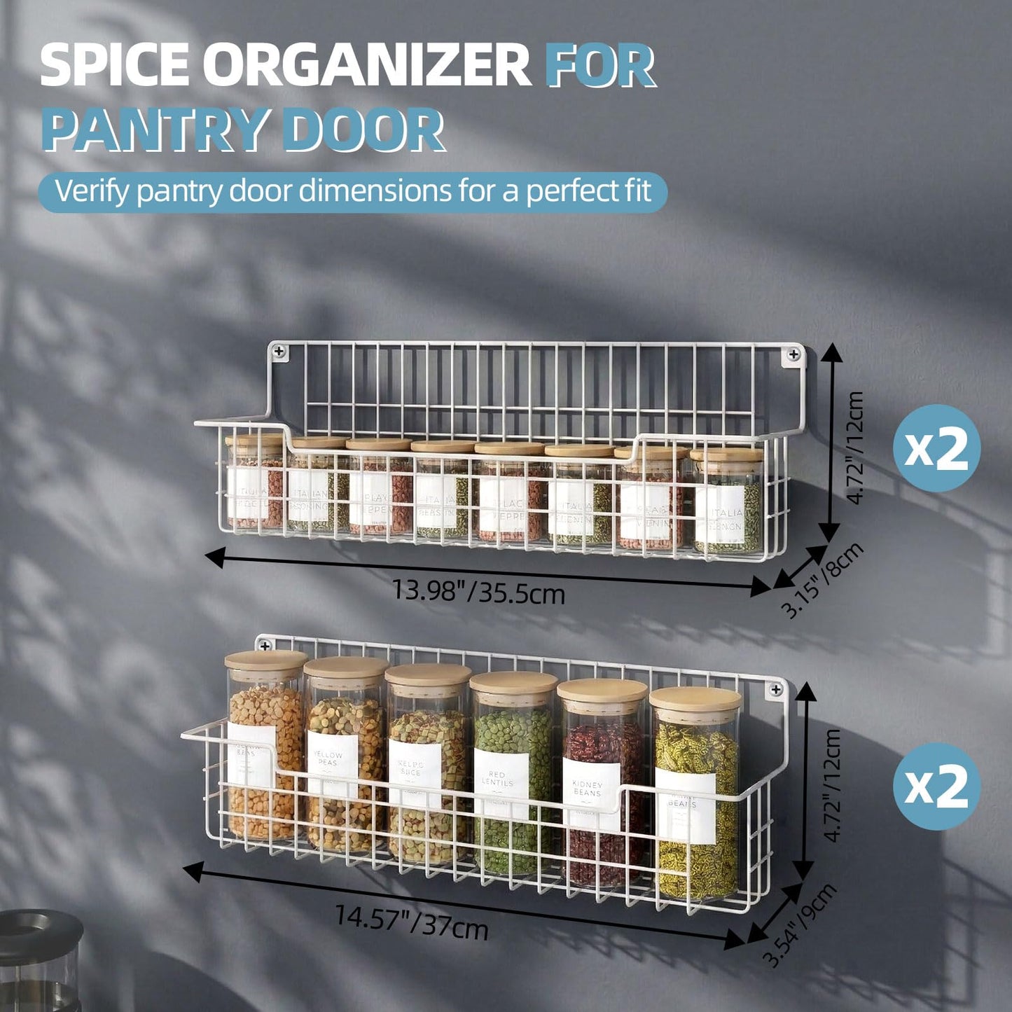 AURIKAR Spice Rack Wall Mount 4 Pack, Metal Wall Mounted Spice Rack Organizer for Cabinet Door & Pantry, Space-Saving Kitchen Spice Rack Shelf, White