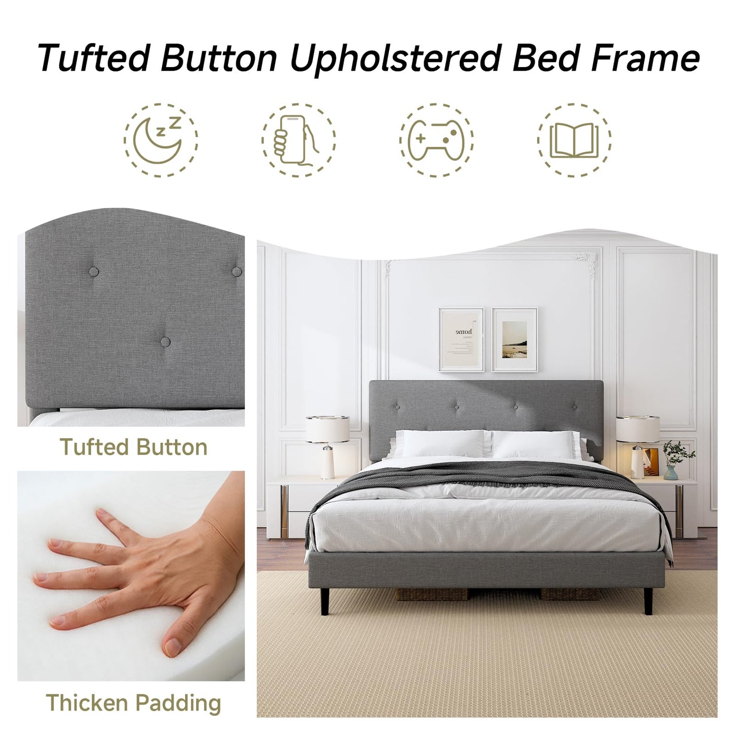 Mxhtcewz King Size Linen Bed Frame, Upholstered Platform Bed Frame with Adjustable Headboard, Wooden Slats Support, No Box Spring Needed, Easy Assembly, Grey