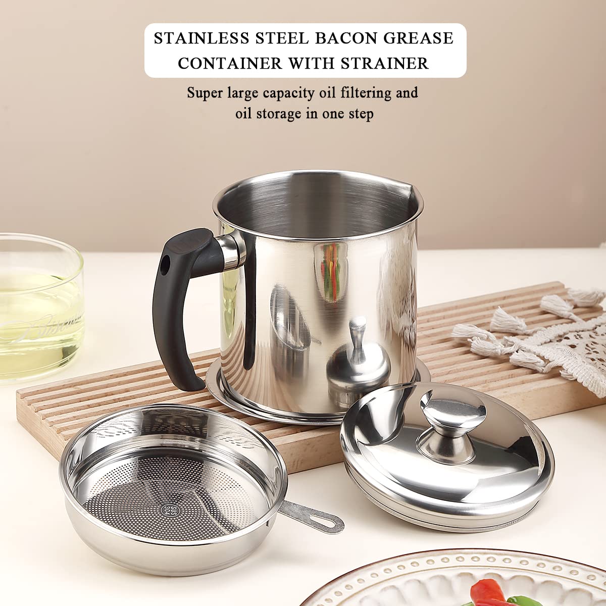 Kyraton Bacon Grease Container With Strainer, 48 oz Stainless Steel Oil Container, Pot Fat Storage With Lid, Easy Grip Handle Suitable For Storing Frying Oil And Cooking Grease 1. Silver