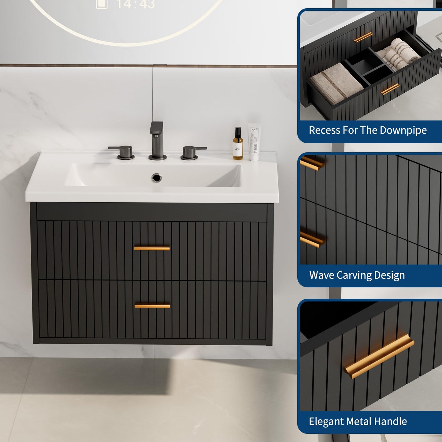 IDEALHOUSE 30 Inch Floating Fluted Bathroom Vanity with Ceramic Sink, Wall Mounted Modern Vanity Cabinet with 2 Soft-Close Drawers & Gold Handles, Easy to Assemble Black