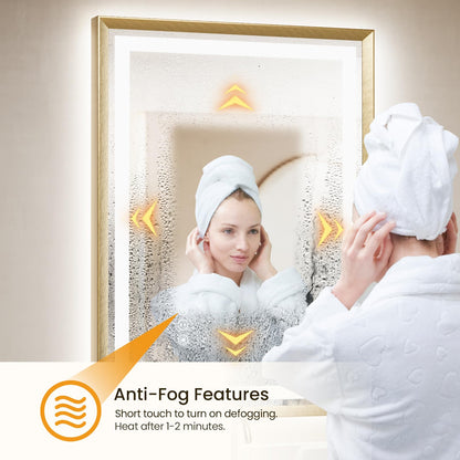 miskerm 55x36 Bathroom Mirror with Lights, Brushed Gold Metal Frame with Backlit + Front Lit, LED Bathroom Mirror, Anti-Fog, Dimmable, Bathroom Vanity Mirror Tempered Glass(Horizontal/Vertical)