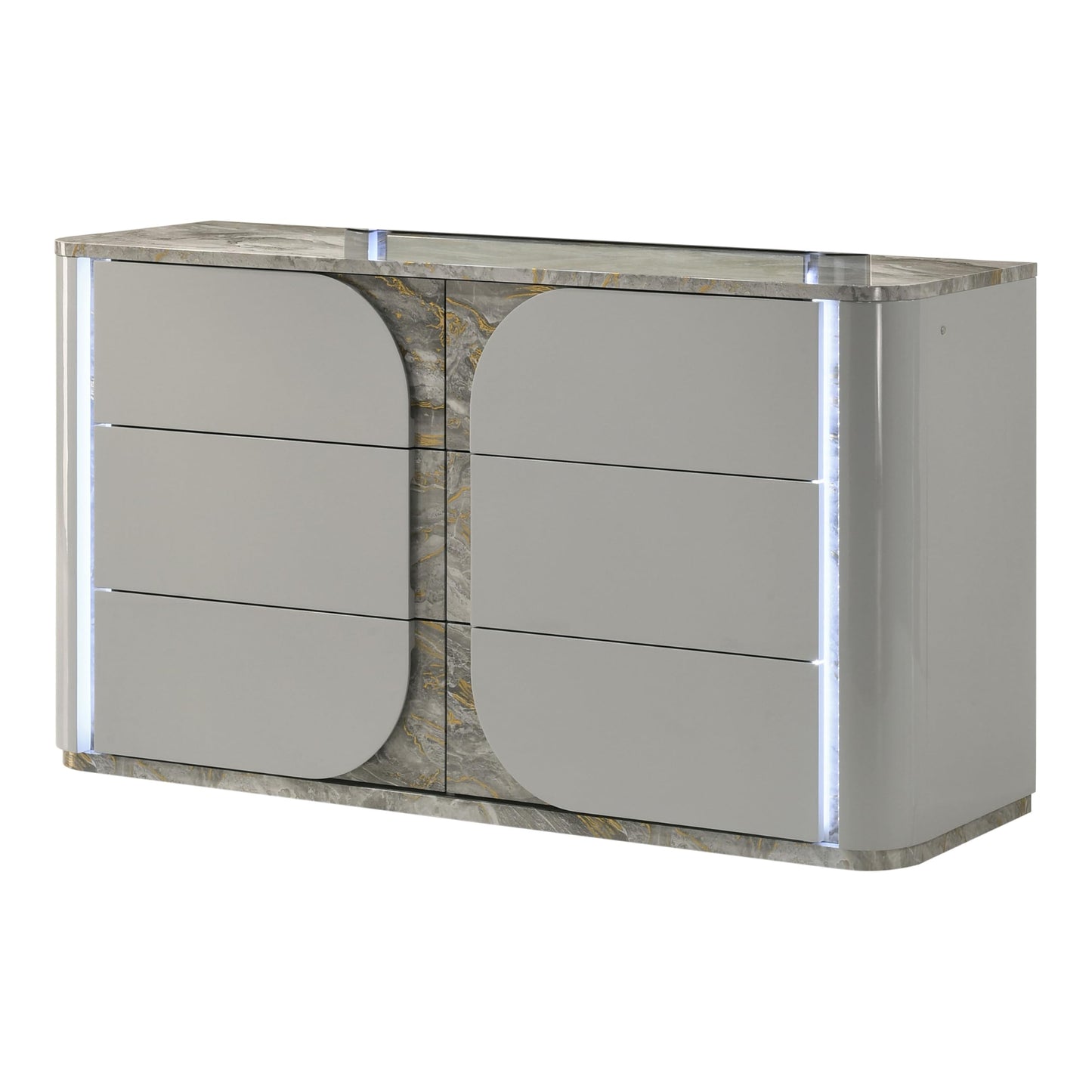 Furniture of America Bruna Modern Contemporary Wood 62.5-inch 6-Drawer Dresser with Plinth Base, Touch-Control LED, Replicated Marble Accents for Bedroom, Guest Room, Light Gray