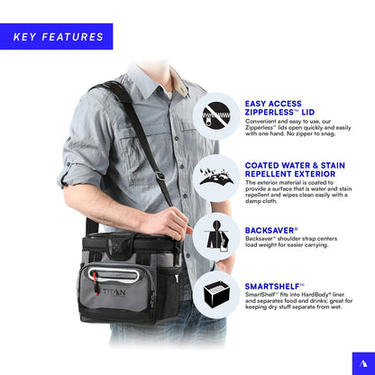 Titan by Arctic Zone Zipperless Soft Sided Cooler with HardBody Liner and SmartShelf, Insulated Bag with Shoulder Strap for Lunch and Travel, 9 Can Capacity, Sharkskin Gray
