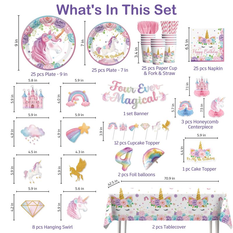 Xynic 181Pcs Unicorn 4th Birthday Decorations, Four Ever Magical Birthday Decorations Tableware Set with Plates and Napkins Serves 25, 2 Tablecloths for Unicorn Decorations