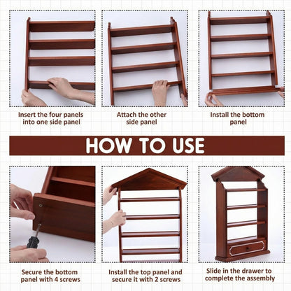 Chunful Vintage Spice Jar Wooden Rack with 4 Shelves and Drawer Hanging Spice Rack Wall Mounting Kitchen Storage Village Style Display Shelf for 24 Jars, Shelf Only(Classic)