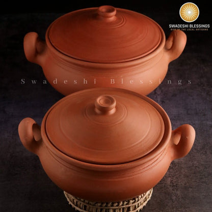 Swadeshi Blessings Exclusive Range Unglazed Clay Pot For Cooking & Serving with Lid/Earthen Kadai/Mud Handi/Mitti Ke Bartan (With Mirror Shine) + ASH For Cleaning (3 Liters)