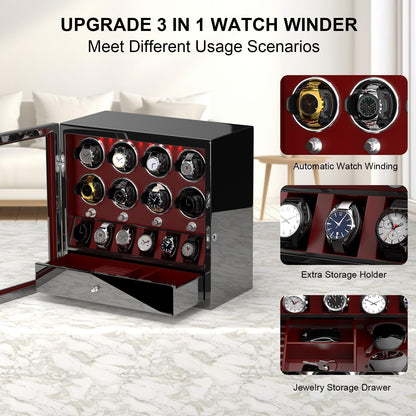 DUKWIN Watch Winder, Lockable Watch Winders for 8 Automatic Watches with Extra 6 Watch Storage, Jewelry Storage, 4 Rotation Modes, LED Light, Super Quiet Mabuchi Motor and Spring Watch Pillows, Red