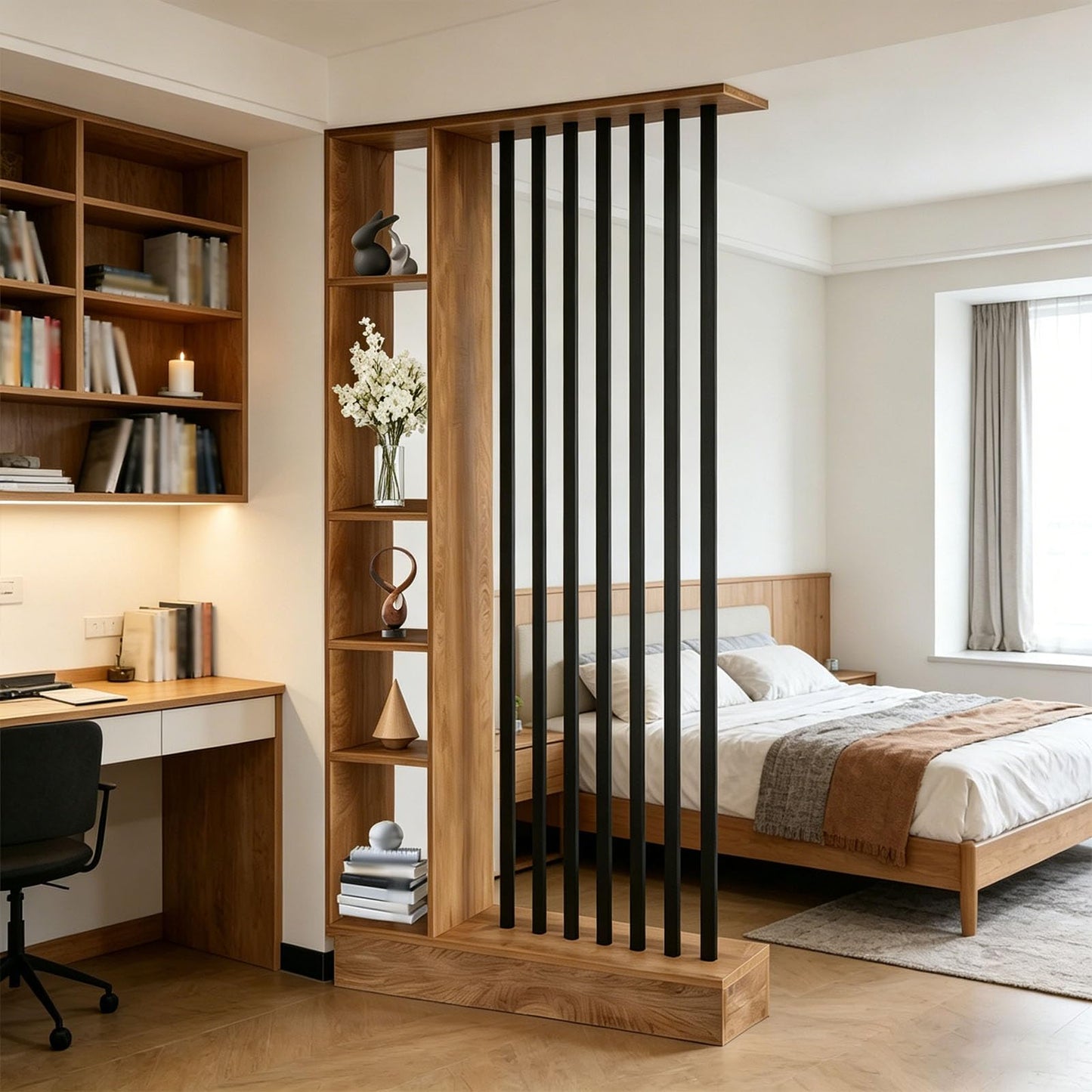 Room Divider with Shelves, Wall Room Divider with Storage Shelf, Easy to Assemble, Suitable for Home and Office Decoration (A Golden Oak + Black, 39.4in)