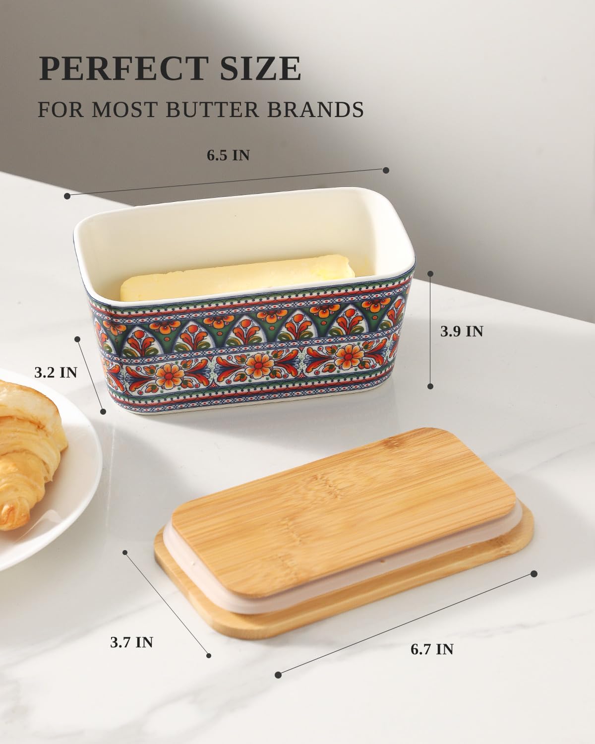 JINGUS Butter Dish - Large Ceramic Bohemian Butter Dish with Lid for Countertop, Airtight Butter Container Holder Keeper Box Storage with Bamboo Cover and Silicone Ring for East West Coast