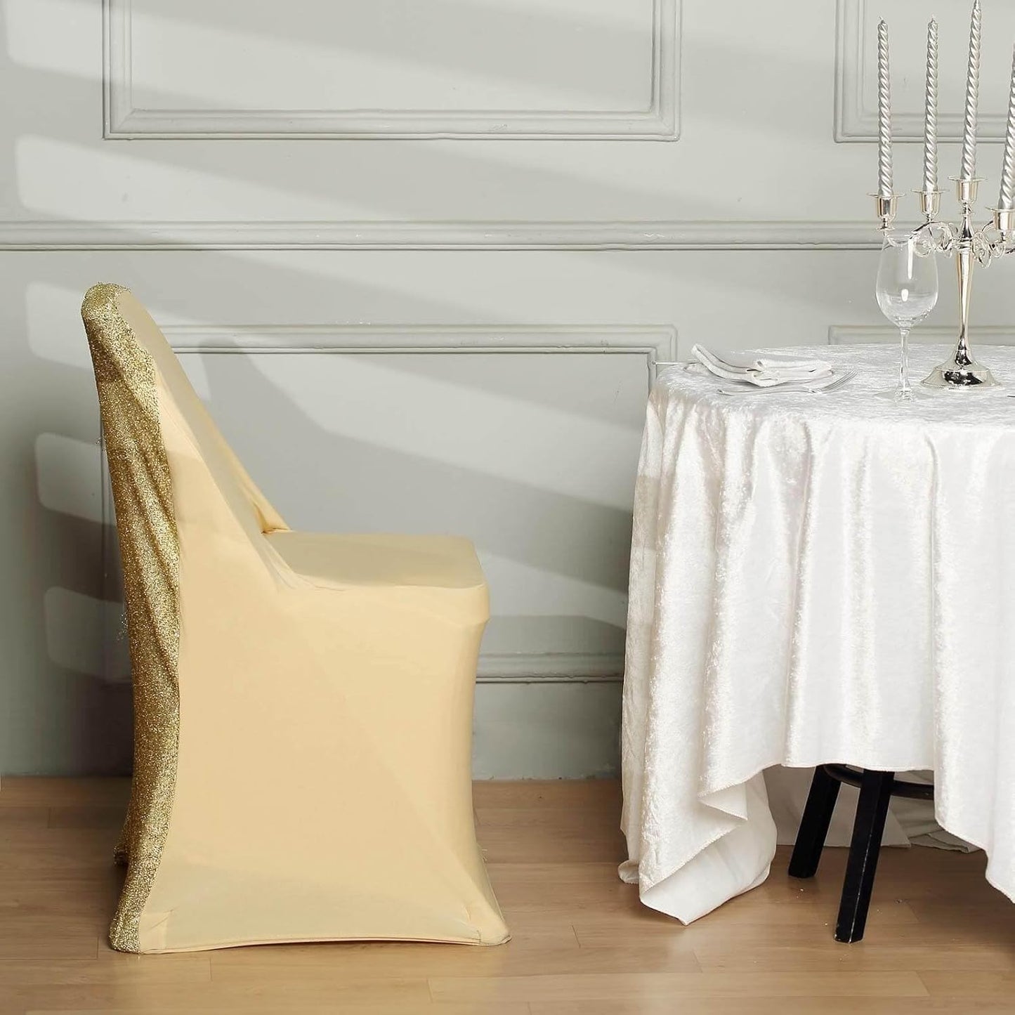 1 Set Efavormart Champagne Spandex Stretch Folding Chair Covers for Party Dining Chairs W/Metallic Glittering Back