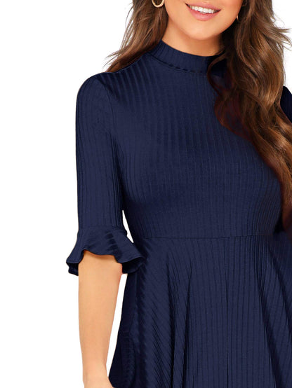 Verdusa Women's Ruffle Half Sleeve A Line Fall Dresses Elegant Fit and Flare Midi Dress Navy Small