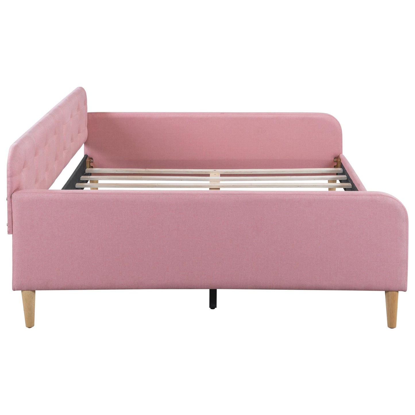 GDFStudio Full Size Upholstered Daybed with Support Legs, Linen Sofa Bed Frame with Button Tufted Sides, Wood Slat Support, No Box Spring Required, Modern Guest Bed for Bedroom or Living Room, Pink