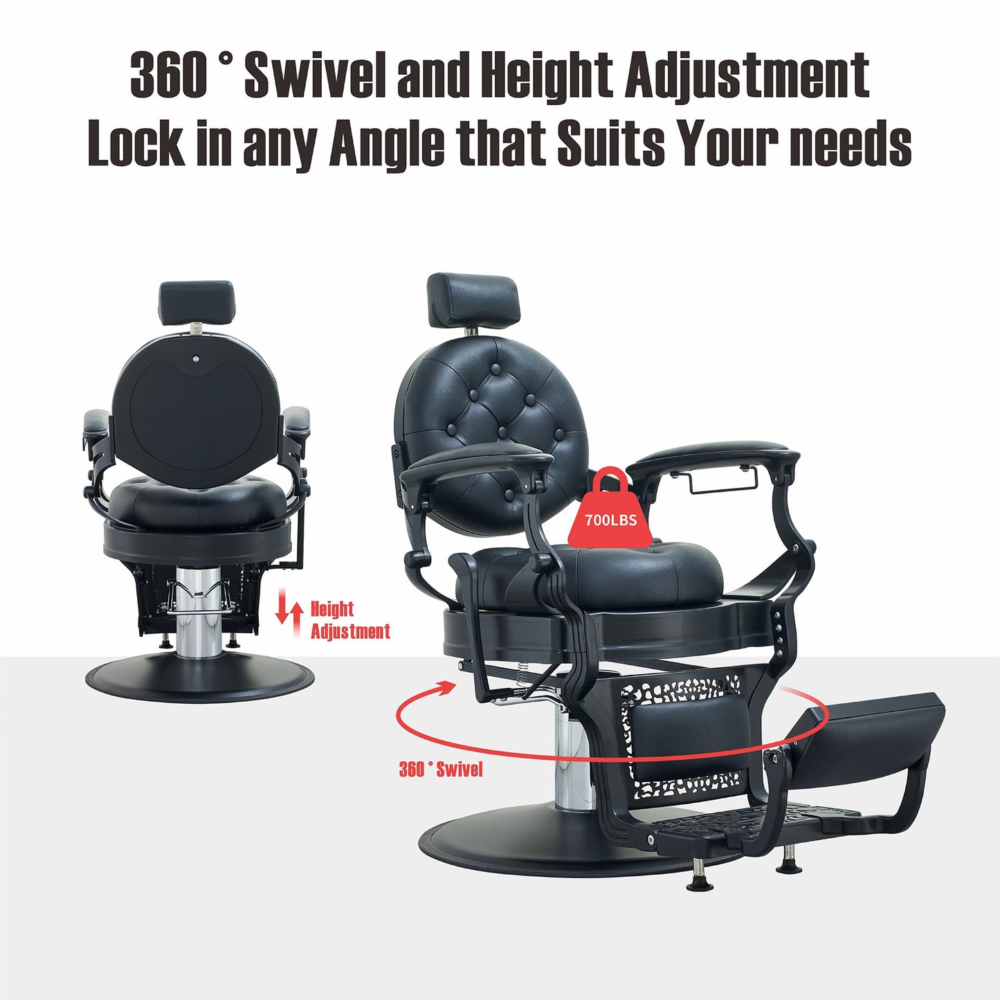 Coczeb Barber Chair Heavy Duty (700LB Capacity) - Professional Multi-Function Salon Chair for Hairdressing, Beauty, Tattoo, Massage(All Black)