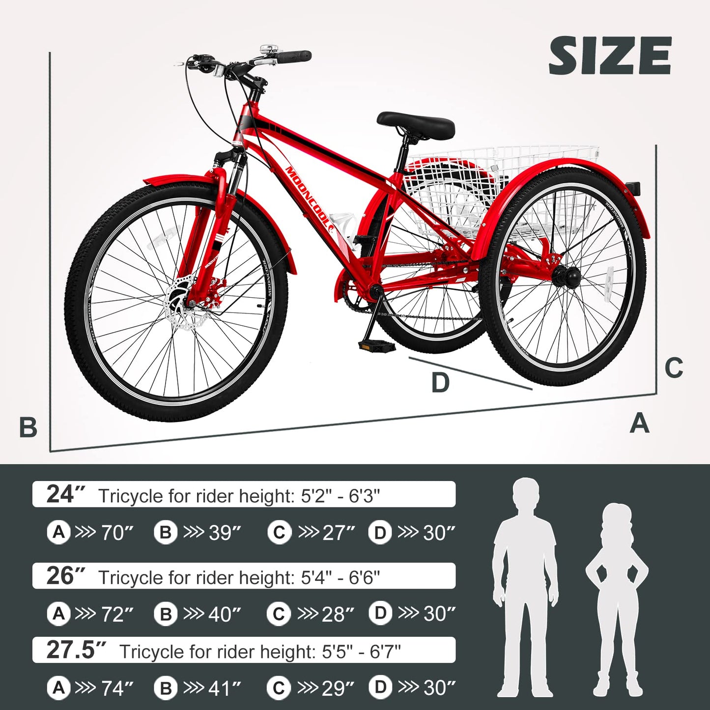 H&ZT Adult Tricycle, 3 Wheeled Bike, Trike Cruiser Bike, with 7-Speed Gear, Parking Brake Handle, Low Step, Large Rear Basket, Elderly Friendly, for Men, Women, and Teens