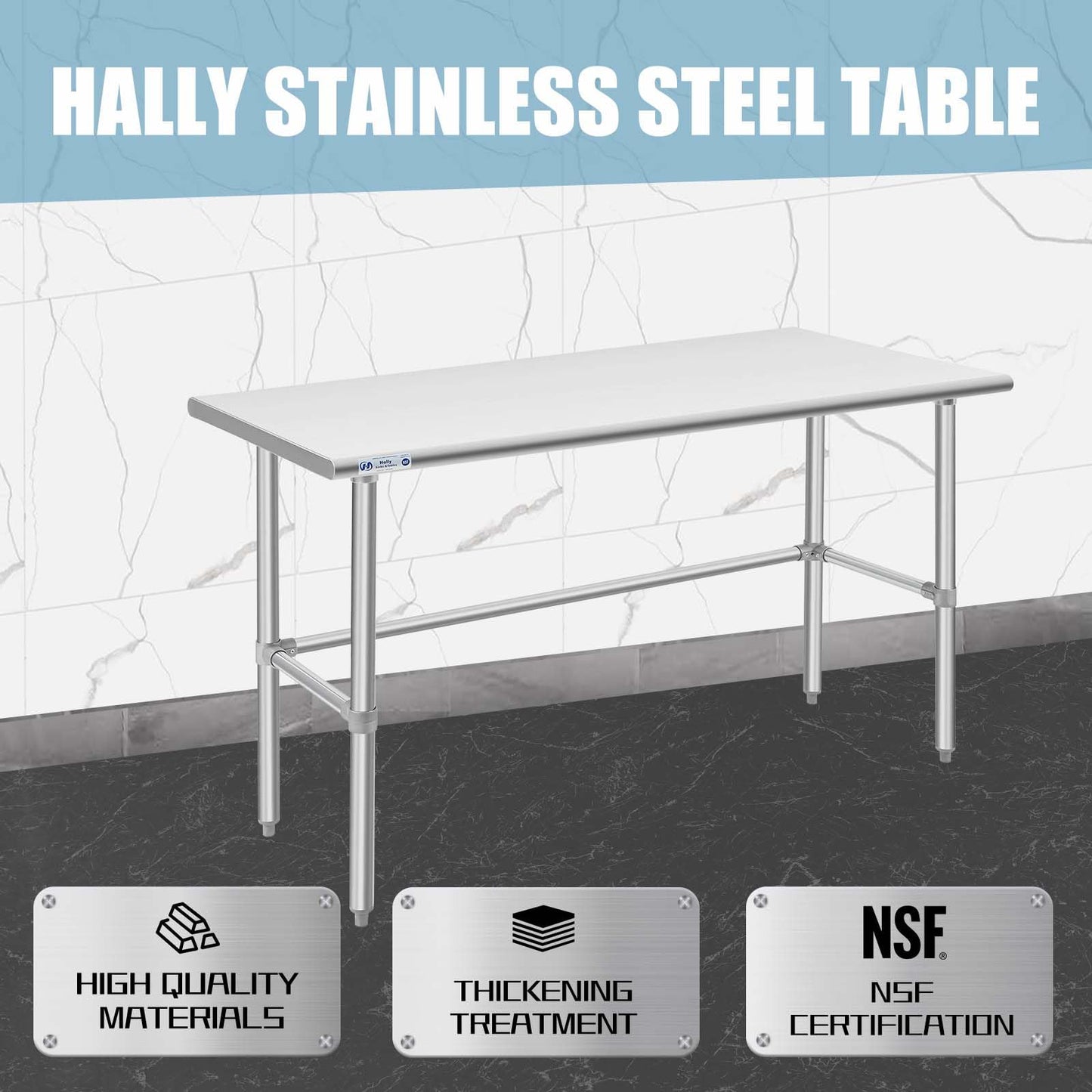 HALLY Open Base Stainless Steel Table 30 x 60 Inches, NSF Commercial Heavy Duty Prep & Work Table with Galvanized Legs for Restaurant, Home and Hotel