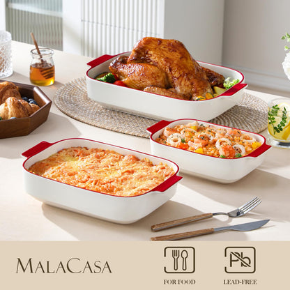MALACASA Casserole Dishes for Oven, Ceramic Baking Dishes Set of 3, Rectangular Lasagna Pan Deep Baking Pans, Bakeware Sets with Handles Gift Set, White with Red Trim (13.8''/11.7''/9.4''), Series BAKE