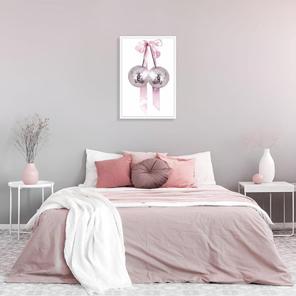 Generic 16x24in Trendy Pink Bow Disco Ball Posters White Cherry Canvas Wall Art Funky Coquette Bow Ribbon Preppy