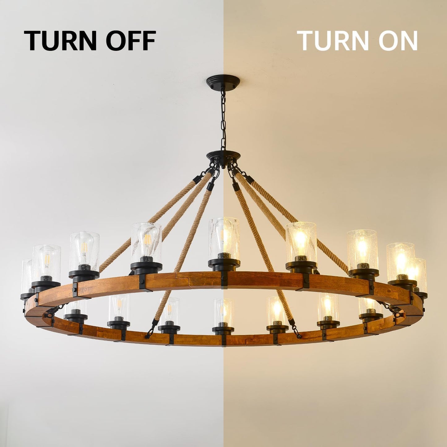 FOVICY 60-Inch Wood Wagon Wheel Chandelier with Bubble Glass Shade, 18-Light Extra Large Farmhouse Chandelier, Rustic Light Fixture for Dining Room High Ceilings Entryway