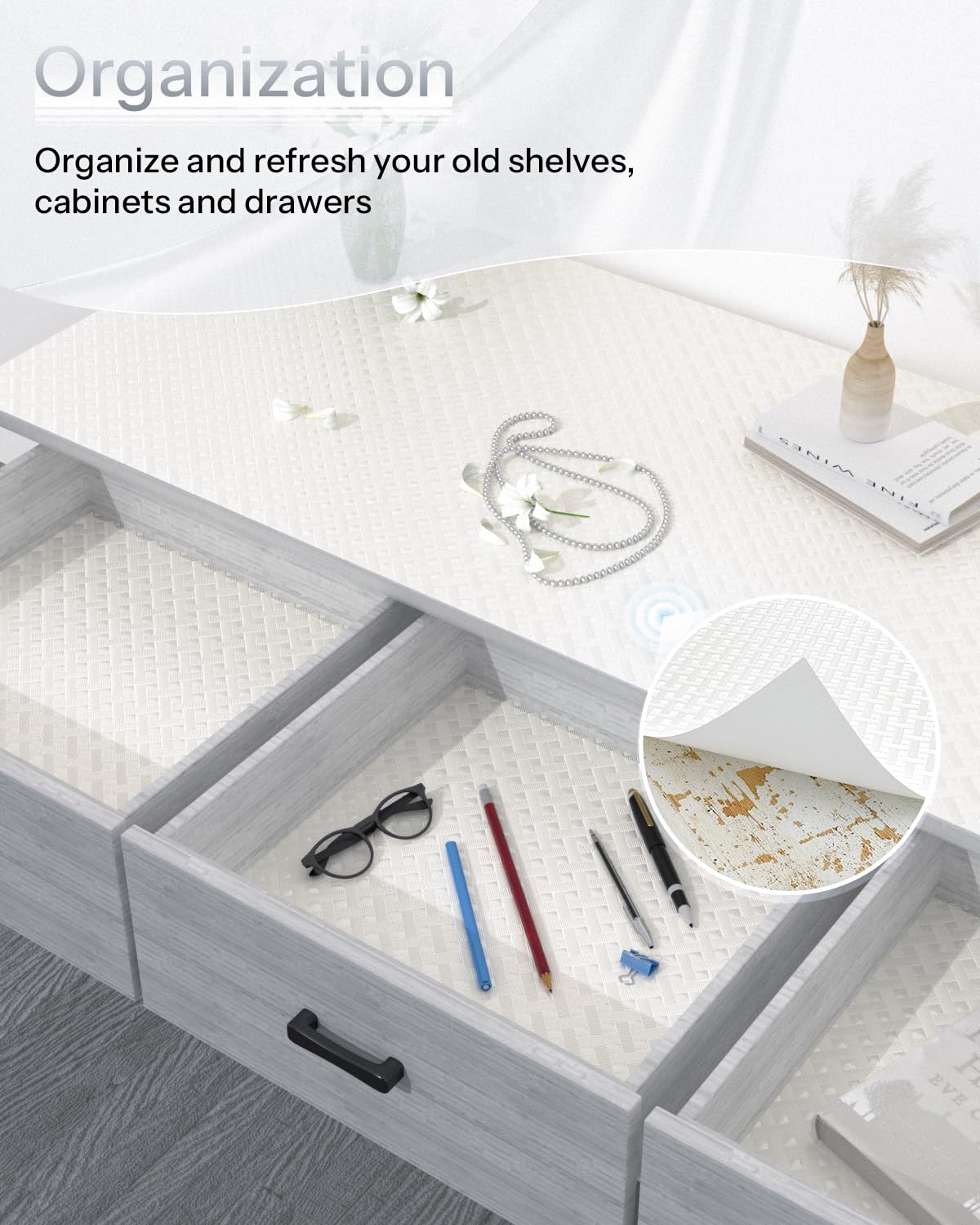 Shelf and Drawer Liner for Kitchen Cabinet, Non-Adhesive 12in x 240in Waterproof Contact Paper Refrigerator Liners Thickened Durable EVA Material Non Slip Mat for Dresser Cupboard Pantry Protector