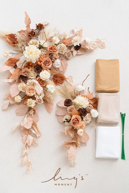 Ling's moment Fall Wedding Arch Flowers with Sheer Drapes Kit - Artificial Rust Boho Floral Arrangements for Ceremony Backdrop, Arbor Decor, Orabge 5-Piece Set (2 Flower Stems + 3 Hanging Drapes)