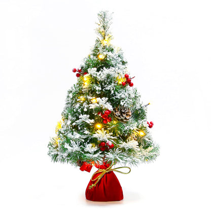 Sunnyglade 21.6 inch Snow Flocked Christmas Tree Artificial Mini Christmas Pine Tree Indoor Tabletop Ornaments Decorations with 30 LED Lights,Red Cloth Base and Pine Cones,White