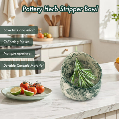 MOCCOOL Ceramic Herb Stripper Bowl with Multi-Size Holes, Pottery Leaf Stripper Tool for Rosemary, Thyme and Kale, Green Decorative Kitchen Gadget, 5.2 Inch